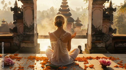 Blond young woman sitting cross legged meditating in a temple in Bali. photo