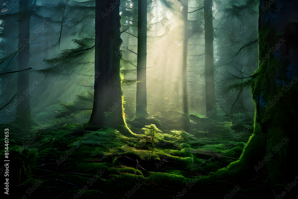 Misty green forest engulfed in early morning magic, chiaroscuro effect highlighting selective rays of light piercing through towering trees, vibrant moss-covered trunks.