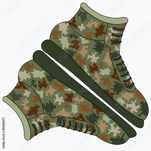 Stylish army boots. khaki. Military leather shoes. Vector graphic illustration