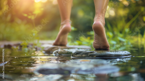 Woman s feet walking on a stone path through a streamin the tropical rainforest. Background for wellness  healing or spa business.