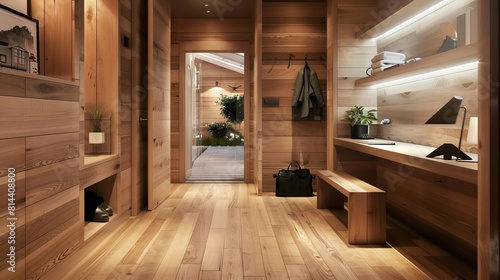 Interior stylish modern wooden entrance hallway decor with cozy wooden tone