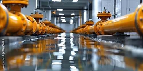 Array of Yellow Pipes in a Flooded Room. Concept Photography, Interior Design, Colorful Decor, Architecture, Flooded Environment photo
