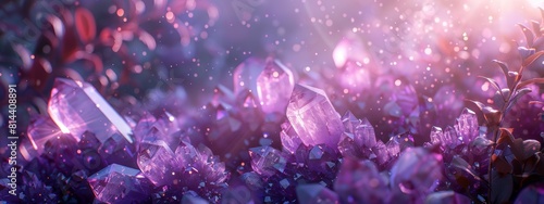 A bed of amethyst crystals sparkling with a soft purple glow  illuminated by a ray of sunlight filtering through leaves.