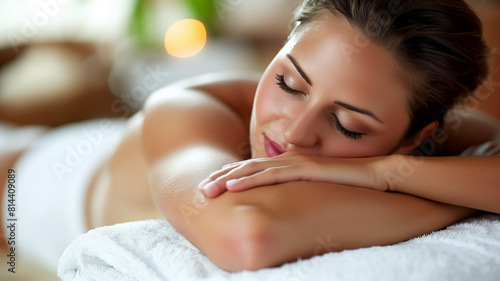 Beautiful woman in a towel lying face down on a massage table at a spa. Background for massage  spa  wellness or healing brand.