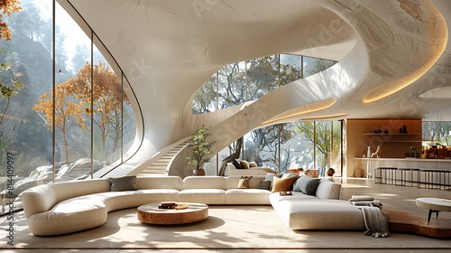 Hyperrealistic view of a modern living room with a dramatic spiral staircase and floor-to-ceiling triangular windows, focusing on architectural drama and light play, no people.