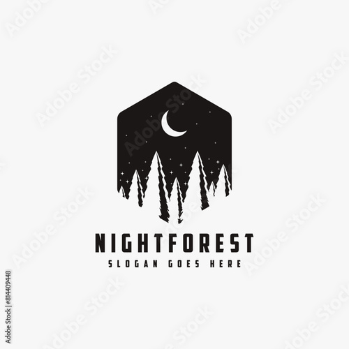Outdoor adventure logo with pines forest, moon, and stars vector illustration on white background