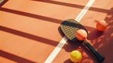 Pickleball paddles and balls on court, illuminated sunshine. Top view, place for text. 