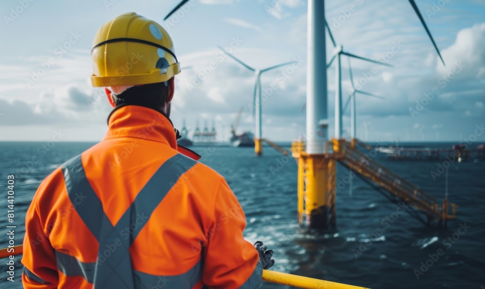 A professional shot of a worker in safety gear observing offshore wind turbines from a platform A professional shot of a worker in safety gear observing offshore wind turbines from a platform