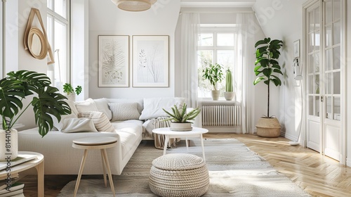 A cozy living room with light wood floors  white walls  and cozy textiles  adorned with minimalist 