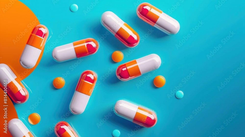 Orange-white capsules with medicine lie on a blue background, top view. Prescription from a doctor, treatment of diseases, online consultation, pharmaceutical industry Orange-white capsules with medicine lie on a blue background, top view. Prescription from a doctor, treatment of diseases, online consultation, pharmaceutical industry