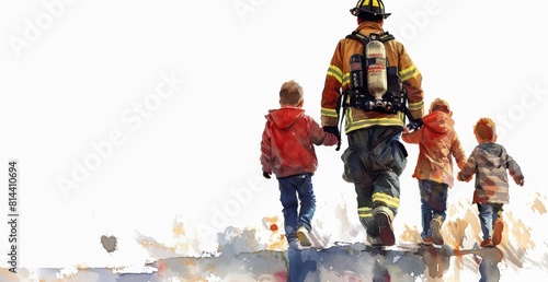 A touching portrayal of a firefighter leading children to safety, encapsulating heroism and care in a watercolor effect photo