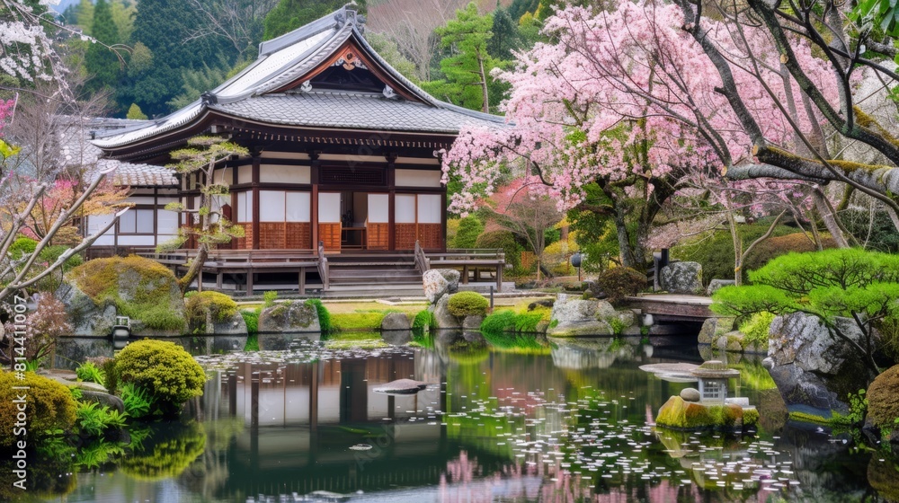 Shinto temple in zen garden with red torii gate and cherry blossom tress