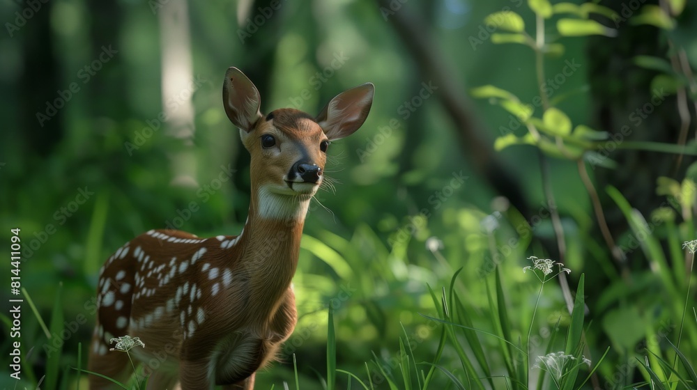 A young fawn stands alert amidst vibrant greenery, a sense of wonder and natural beauty emanating from the serene forest environment A young fawn stands alert amidst vibrant greenery, a sense of wonder and natural beauty emanating from the serene forest environment