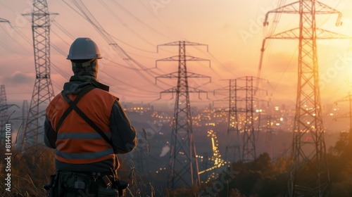 A rear view of an engineer in reflective gear overlooking vast power lines against a sunset photo