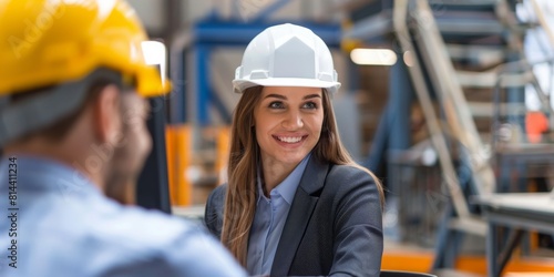 A smiling female engineer in a hard hat discusses with a male worker in an industrial setting