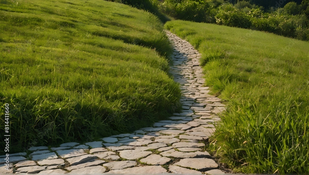 Stone path winding through lush grassy field under clear sky Stone path winding through lush grassy field under clear sky