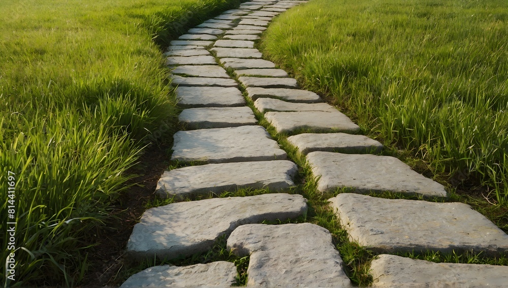 Stone path winding through lush grassy field under clear sky