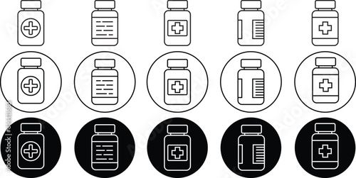 Set of Medicine bottles icons. Outline styles with editable stock for mobile concepts and web designs. Drugstore logo illustration. Contour symbols. Pharmacy signs vectors on transparent background.