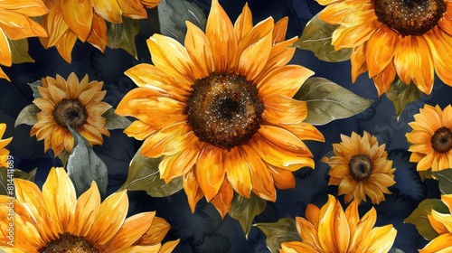 Watercolor retro sunflowers background, seamless pattern