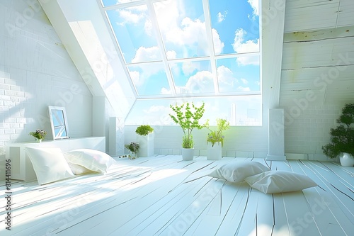White loft room and lamp on ceiling 