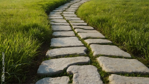Stone path winding through lush grassy field under clear sky