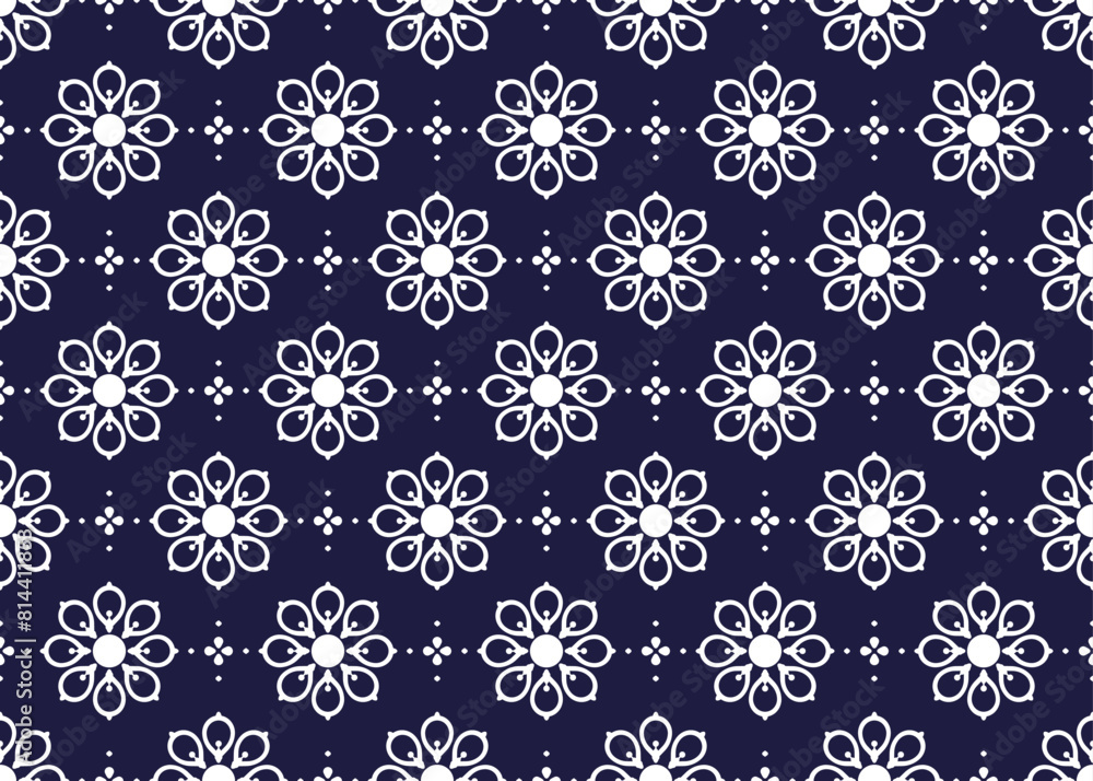 White symbol flowers on dark blue background, ethnic fabric seamless pattern design for cloth, carpet, batik, wallpaper, wrapping etc. White symbol flowers on dark blue background, ethnic fabric seamless pattern design for cloth, carpet, batik, wallpaper, wrapping etc.