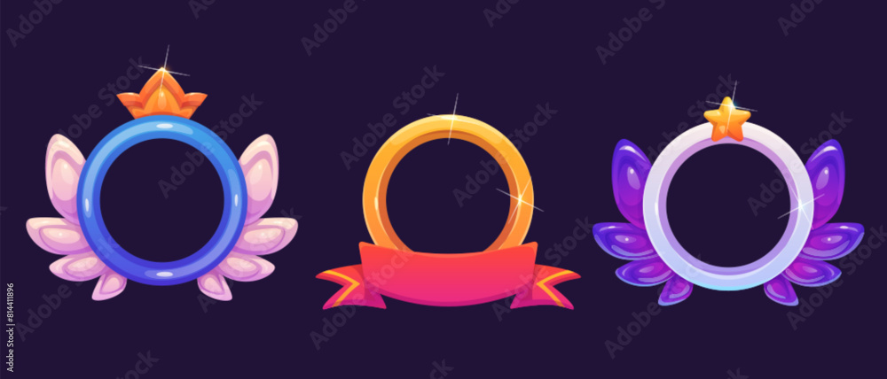 Circle badge frame for game ui avatar design with wings, golden crown and yellow star, red ribbon banner. Cartoon vector illustration set of empty fantasy round reward border interface elements. Circle badge frame for game ui avatar design with wings, golden crown and yellow star, red ribbon banner. Cartoon vector illustration set of empty fantasy round reward border interface elements.
