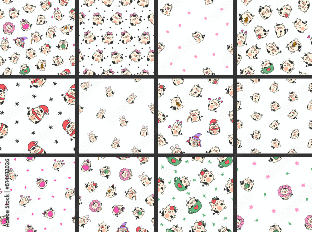 Fototapeta premium Cute cartoon kawaii cow. Seamless pattern. Animal funny characters. Hand drawn style. Vector drawing. Collection of design ornaments.