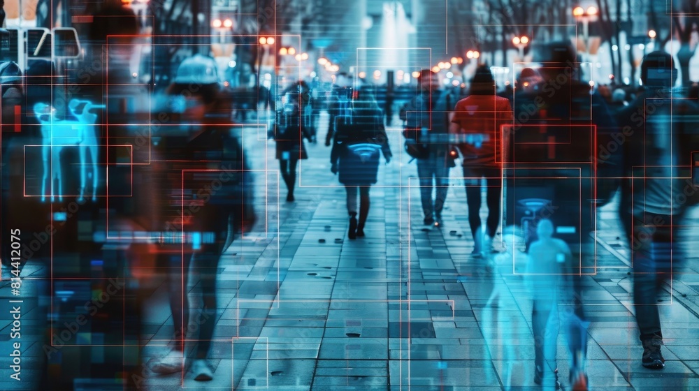 Walking business people are tracked with CCTV AI facial recognition technology
