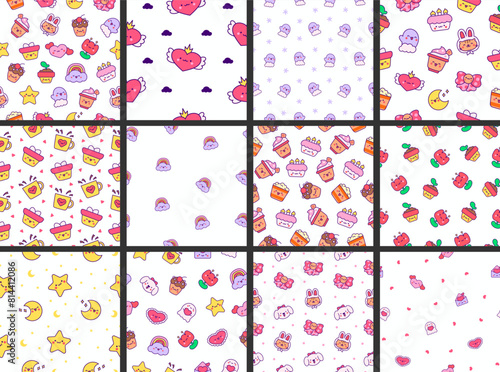 Cartoon cute happy kawaii characters. Seamless pattern. Lifestyle. Hand drawn style. Vector drawing. Collection of design ornaments.