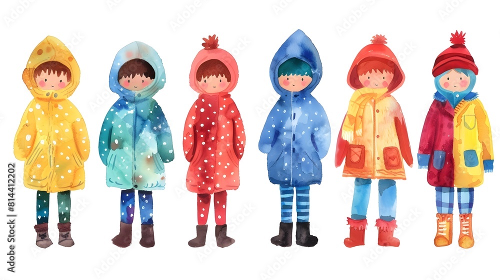 Vibrant Children in Colorful Rain Jackets and Umbrellas Exploring the Outdoors Vibrant Children in Colorful Rain Jackets and Umbrellas Exploring the Outdoors