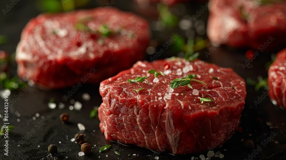 Close-up view of fresh premium top round beef, detailed texture and marbling, isolated background, ideal for advertisements, studio lit Close-up view of fresh premium top round beef, detailed texture and marbling, isolated background, ideal for advertisements, studio lit