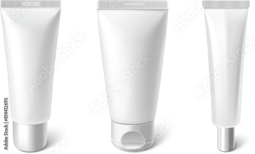 Cosmetic tube mockup for skincare cream or toothpaste. Realistic 3d vector illustration set of white blank container template for branding and promotion. Makeup and cleansing product packaging.
