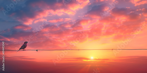 unset Horizon Birds Perched on Power Cable photo