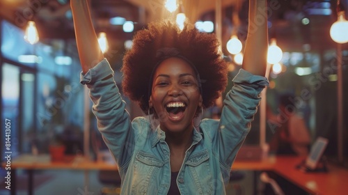Winner, happy black businesswoman celebrating and cheering after a successful corporate achievement. Young African american female excited, smile and hired after successful job promotion