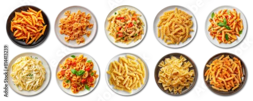 Obraz  z motywem Set of various types of pasta in a plates isolated on transparent background, top view