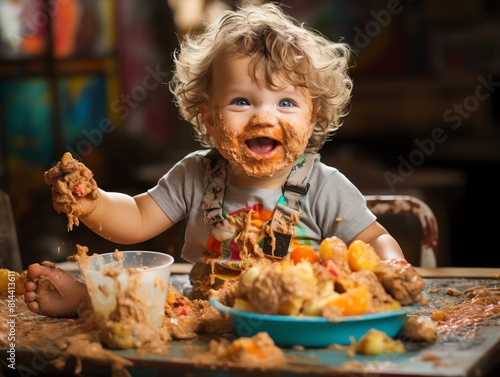 The photo shows a messy toddler covered in food  with a big smile on his face