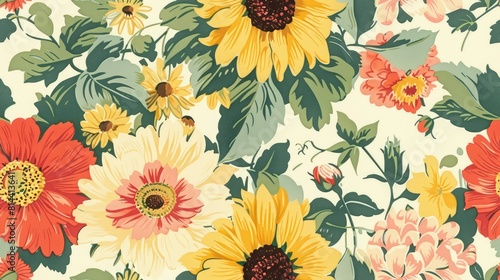 Vintage Sunflower Carnation Zinnia Floral seamless pattern with garden flowers