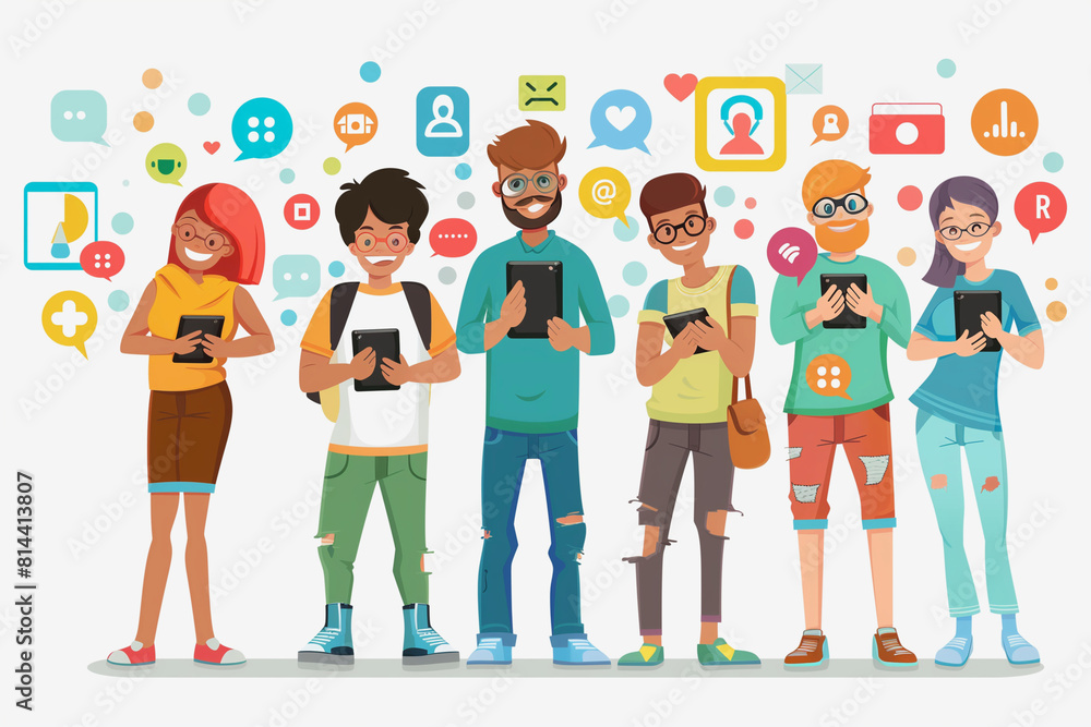 A group of people are standing together and looking at their cell phones. Concept of social interaction and the prevalence of technology in our daily lives A group of people are standing together and looking at their cell phones. Concept of social interaction and the prevalence of technology in our daily lives