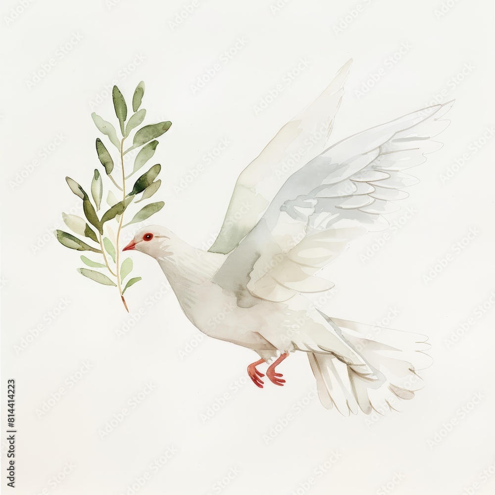Fototapeta premium Peaceful Dove with Olive Branch, Children's Watercolor Art Generative AI