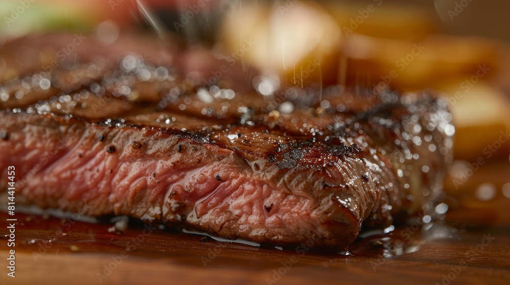 Close-up of a medium well sirloin steak, focusing on the slight pinkness and juicy texture, ideal for culinary advertisements, studio lighting Close-up of a medium well sirloin steak, focusing on the slight pinkness and juicy texture, ideal for culinary advertisements, studio lighting
