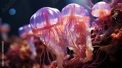 tranquil elegance of jellyfish in this breathtaking close-up footage gentle pulsations of jellyfish create serene and otherworldly atmosphere, highlighting the fragile beauty of these marine creatures photo