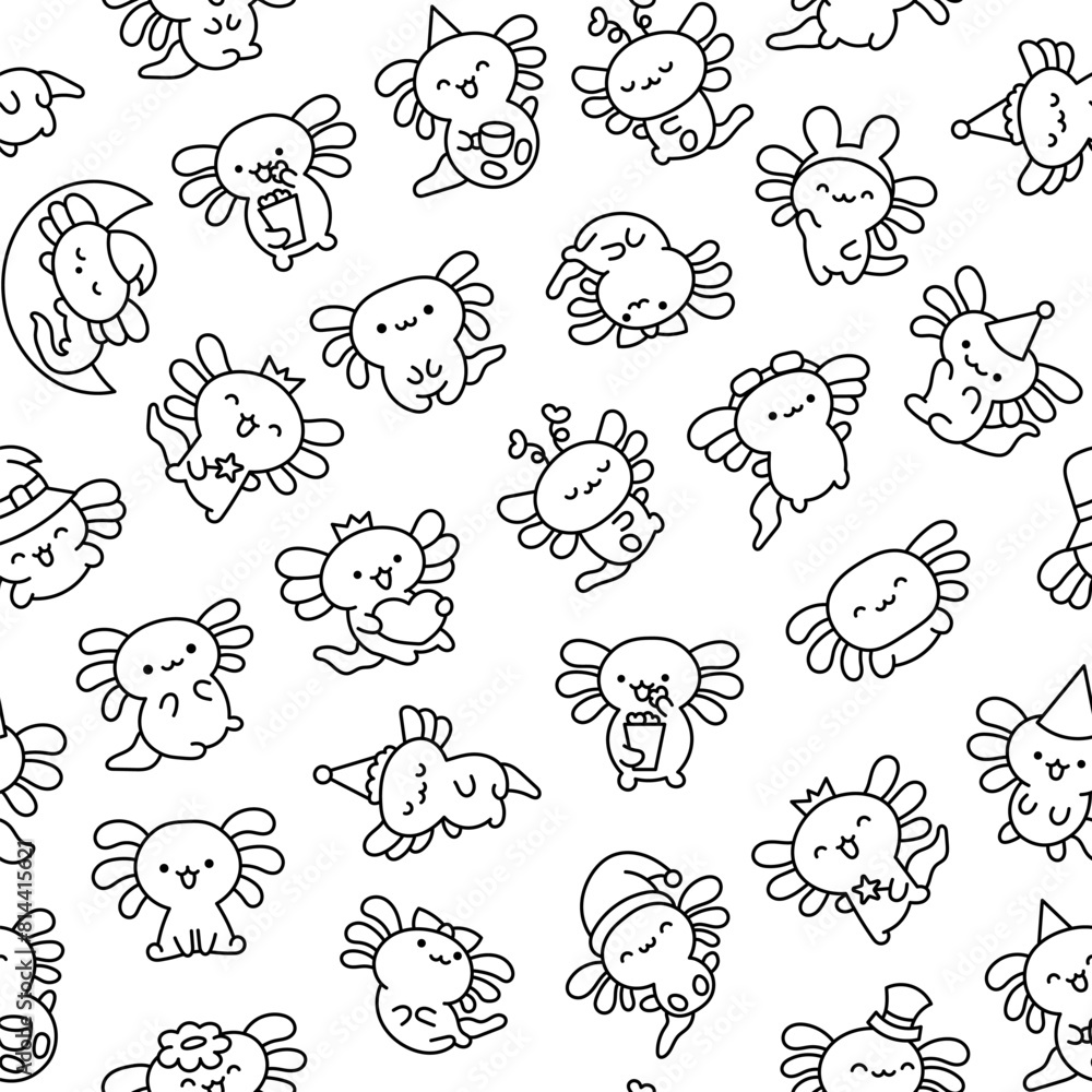 Cute kawaii little axolotl. Seamless pattern. Coloring Page. Smiling nice cartoon animal character. Hand drawn style. Vector drawing. Design ornaments. Cute kawaii little axolotl. Seamless pattern. Coloring Page. Smiling nice cartoon animal character. Hand drawn style. Vector drawing. Design ornaments.