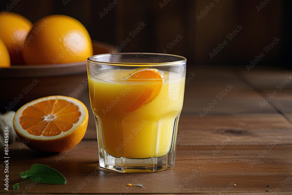 Fototapeta premium Glass of fresh squeezed orange juice with sliced oranges. Perfect for health, freshness, and vibrant citrus themes.
