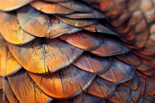 A close up of a feather with a brown and orange color