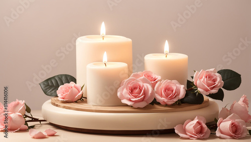 There are three lit candles and several pink roses on a round marble table.  