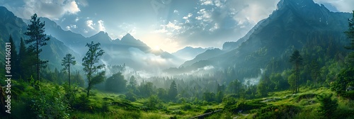 mountain valley at the early morning realistic nature and landscape photo