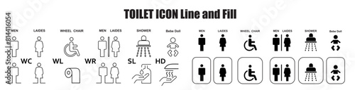Toilet line icon set. WC sign. Man, woman, shower, mother with baby, handicap symbol. Restroom for male, female, disabled pictograms.