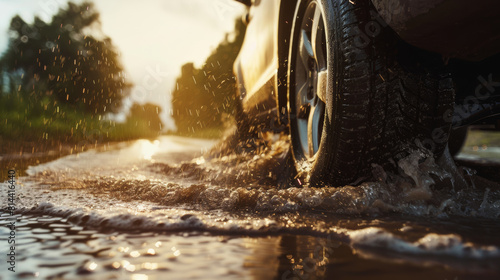 Car driving on a flooded road covered with pouring rain water