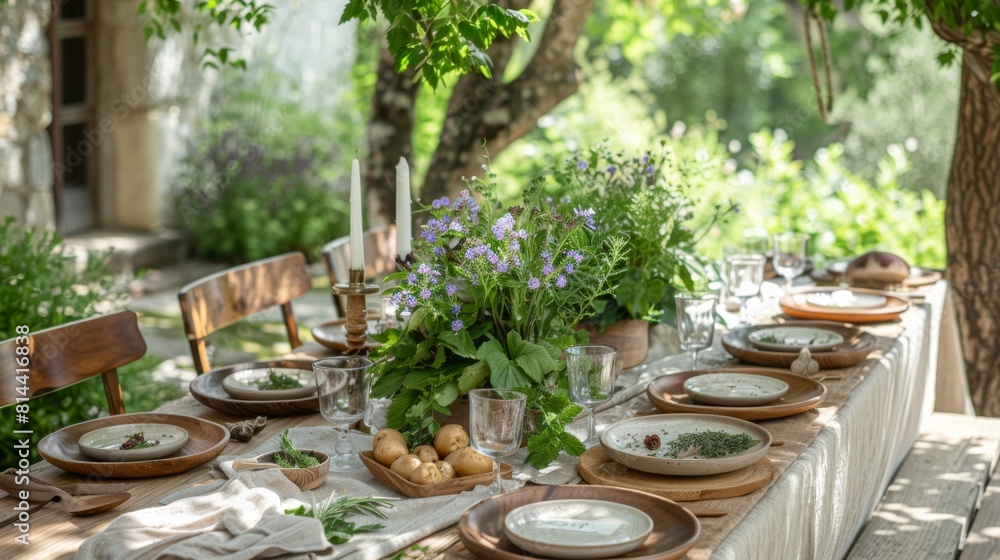 Elegant outdoor dining setup under a leafy canopy, with a rustic wooden table adorned with fresh flowers and seasonal dishes, creating a serene and inviting garden party atmosphere. Elegant outdoor dining setup under a leafy canopy, with a rustic wooden table adorned with fresh flowers and seasonal dishes, creating a serene and inviting garden party atmosphere.